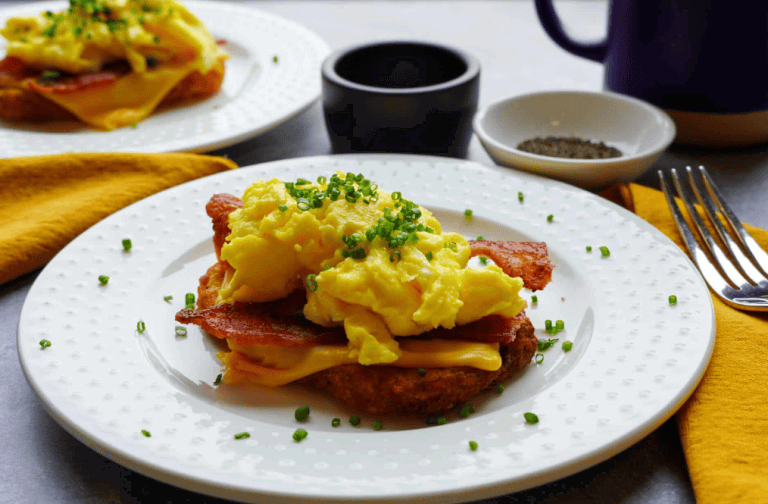 Crispy Hash Brown Toast with Soft Scrambled Eggs, Bacon & Cheese