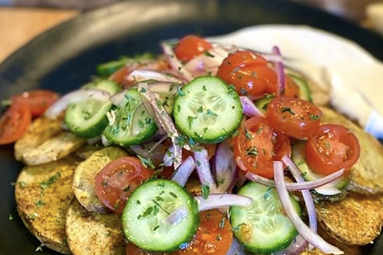 Shawarma Spiced Potatoes with Cucumber-Tomato Salad