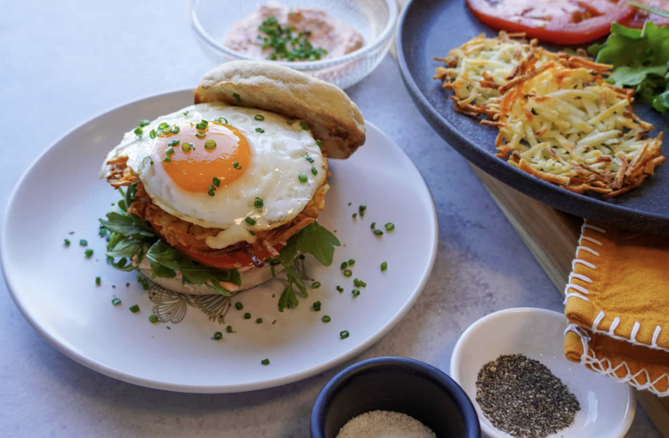 Breakfast Sandwich with Crispy Potato Cakes